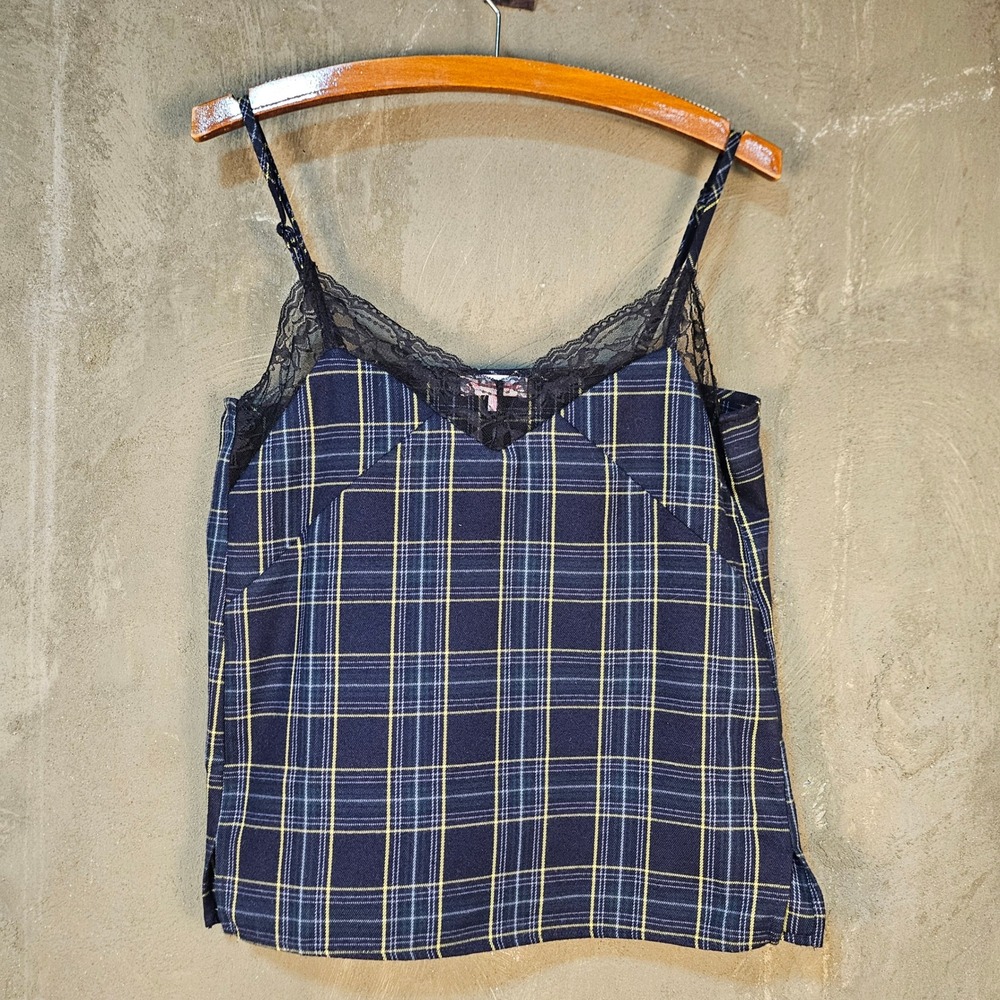 Grunge Dark Academia Navy Plaid Lace Cami Twilight‎ Indie Sleaze Y2K Schoolgirl